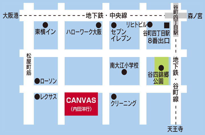 大阪 ユビキタス協創広場CANVASへの地図