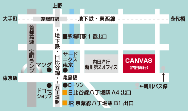 東京 ユビキタス協創広場 CANVASへの地図